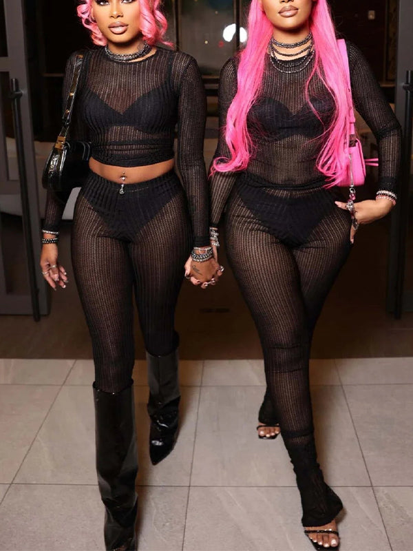 Solid Ribbed Mesh Pants Set