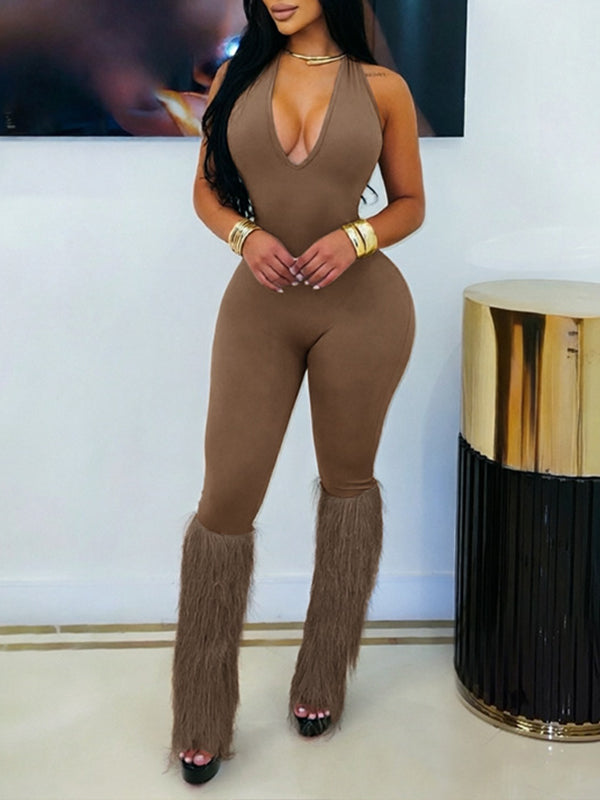 Solid Fringe Halter Jumpsuit