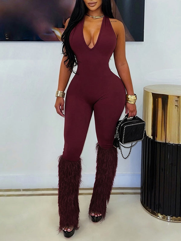 Solid Fringe Halter Jumpsuit