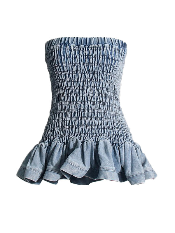 Motionkiller Smocked Ruffle Denim Skirt