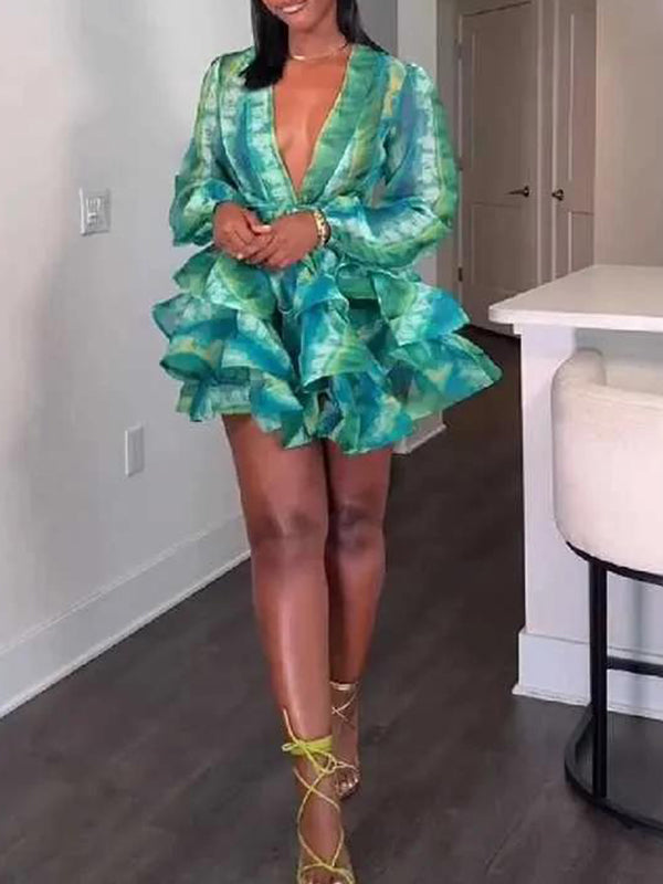 Printed V-Neck Tied Ruffle Dress