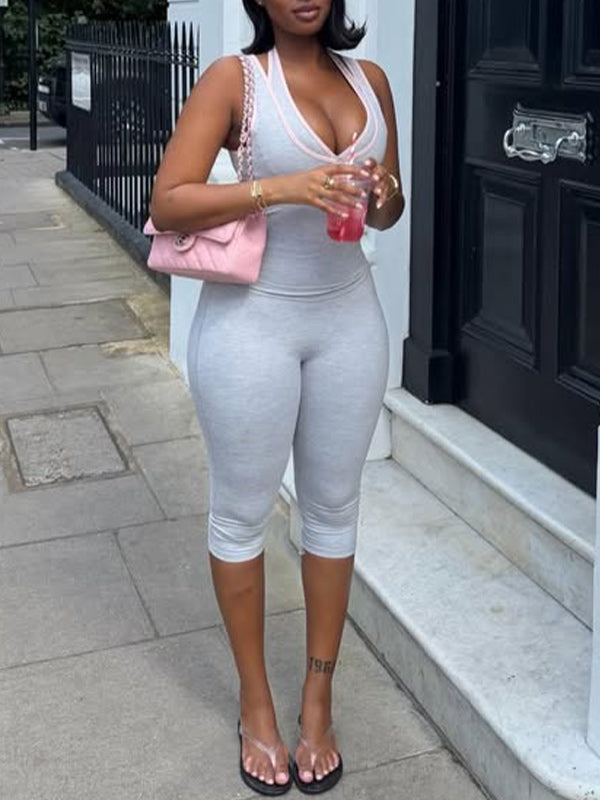Contrast Halter Top & Capri Pants Set