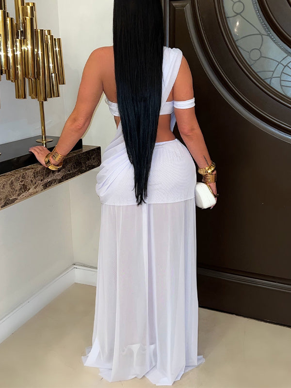 Solid Cutout Halter Slit Dress