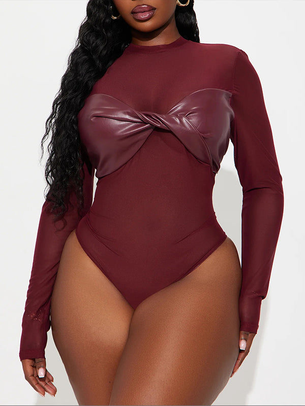 Faux-Leather Combo Sheer Bodysuit