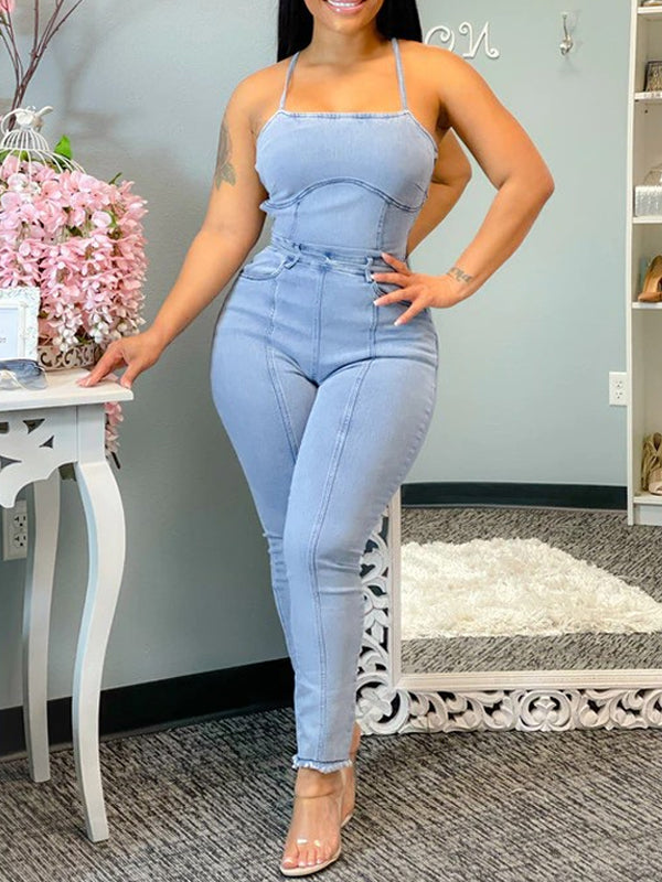 Motionkiller Sleeveless Tied-Back Denim Jumpsuit