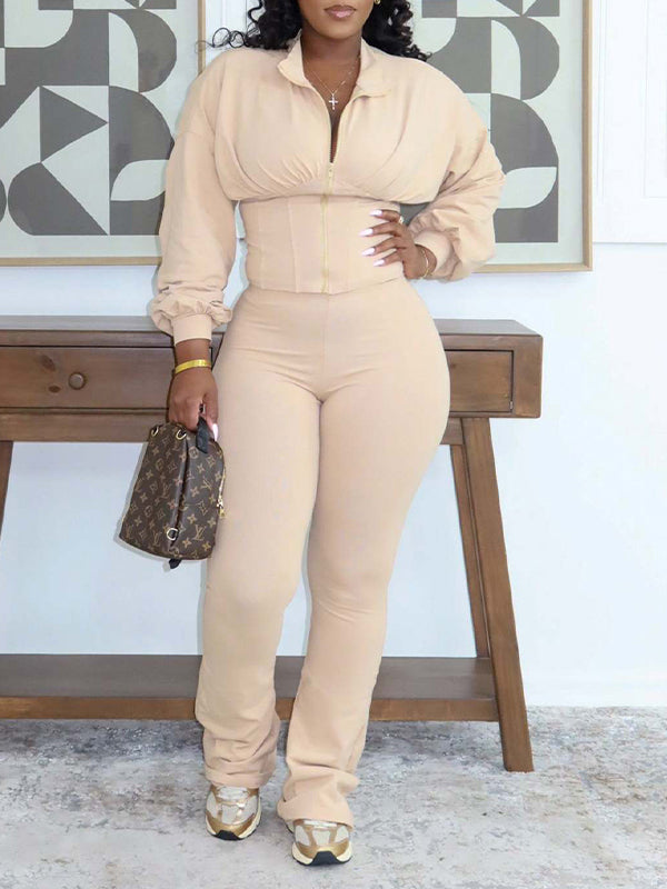 Solid Cinched-Waist Top & Pants Set
