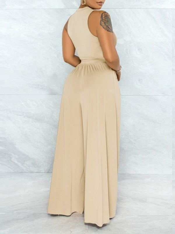 Solid Cutout Top & Wide-Leg Pants Set--Clearance