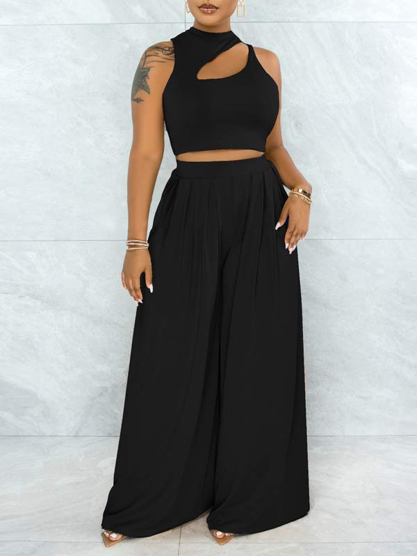 Solid Cutout Top & Wide-Leg Pants Set--Clearance