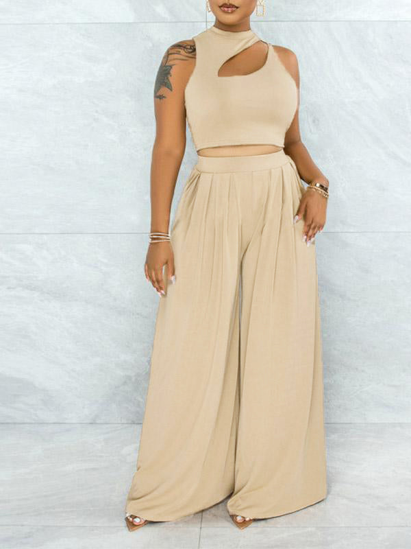 Solid Cutout Top & Wide-Leg Pants Set--Clearance