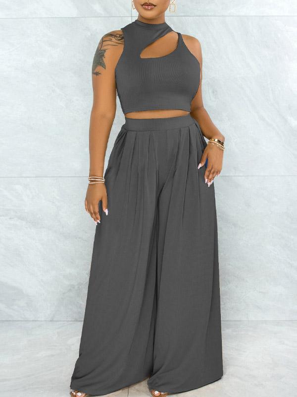 Solid Cutout Top & Wide-Leg Pants Set--Clearance