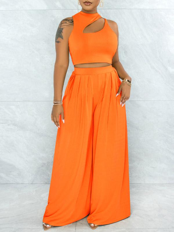 Solid Cutout Top & Wide-Leg Pants Set--Clearance