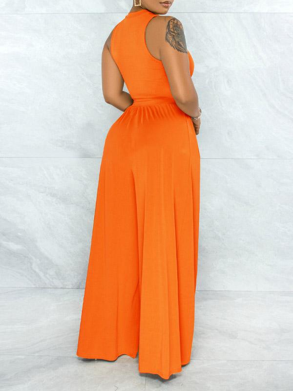 Solid Cutout Top & Wide-Leg Pants Set--Clearance