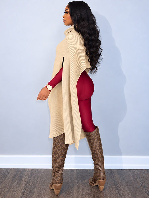Asymmetric Turtleneck Knit Cape