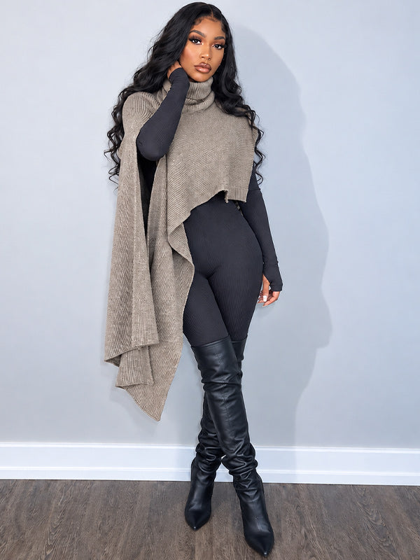 Asymmetric Turtleneck Knit Cape