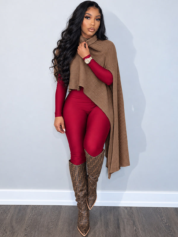 Asymmetric Turtleneck Knit Cape