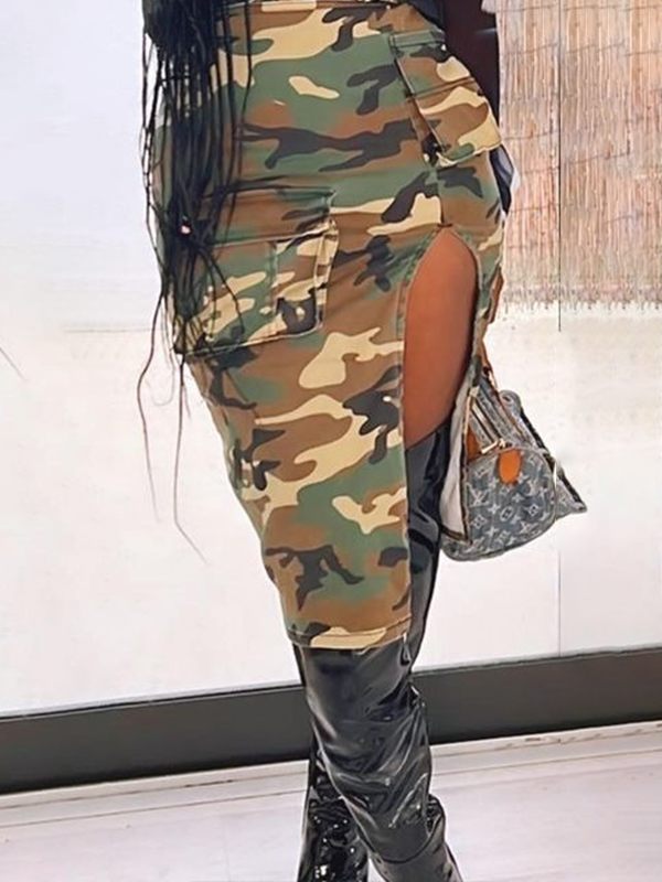 Camo Cargo Slit Skirt--Clearance