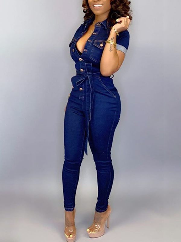 Motionkiller Button-Front Tied Denim Jumpsuit