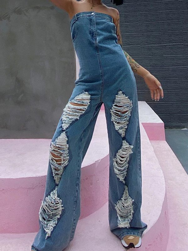 Motionkiller Ripped Strapless Denim Jumpsuit