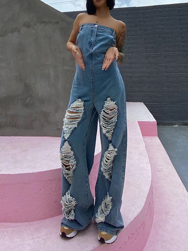 Motionkiller Ripped Strapless Denim Jumpsuit