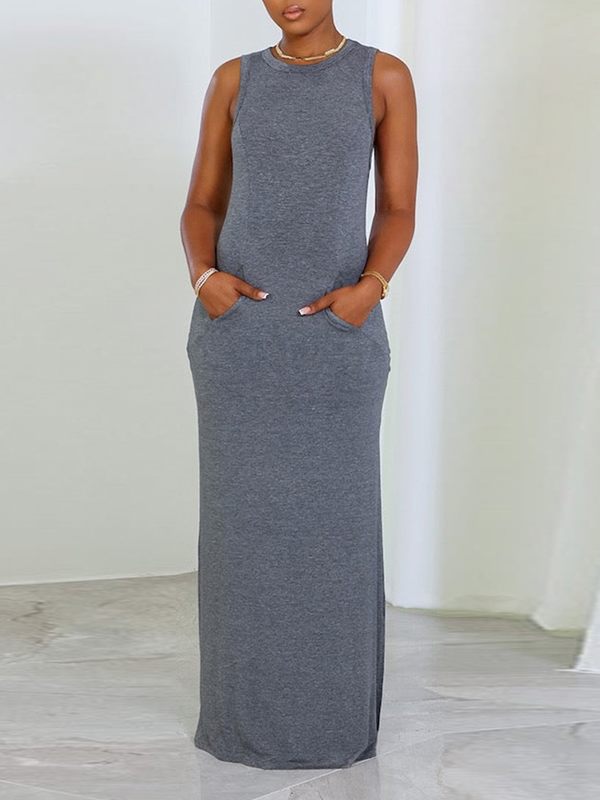 Solid Sleeveless Slit Dress--Clearance