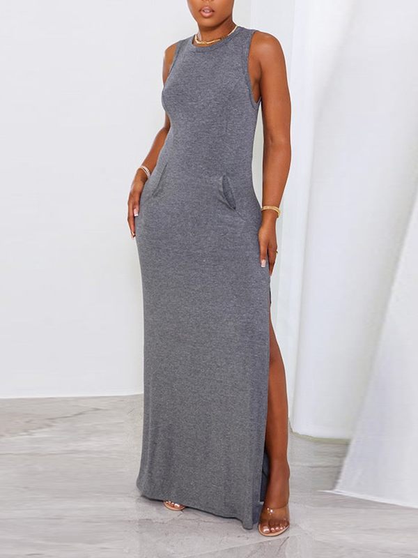 Solid Sleeveless Slit Dress--Clearance