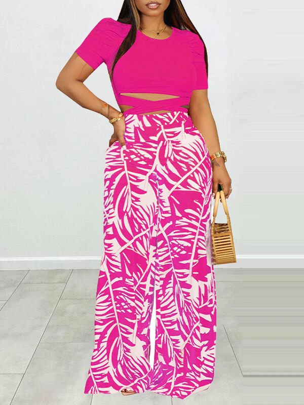 Puff Shoulder T-Shirt & Printed Wide-Leg Pants Set--Clearance