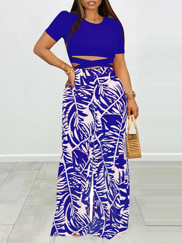 Puff Shoulder T-Shirt & Printed Wide-Leg Pants Set--Clearance