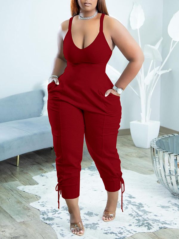 Solid V-Neck Sleeveless Jumpsuit--Clearance