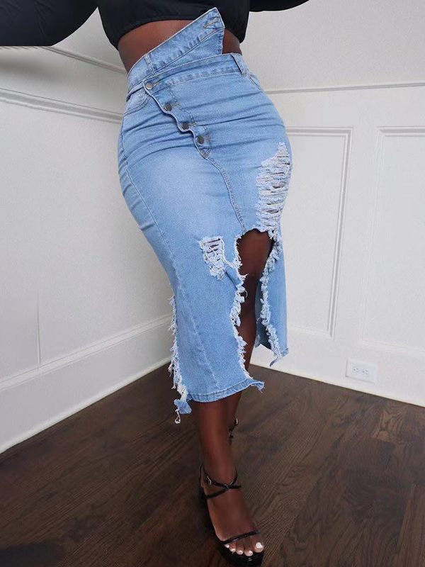 Ripped Slit Denim Skirt