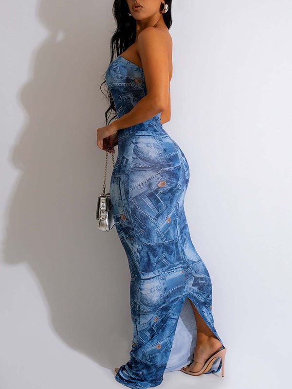 Motionkiller Denim-Print Strapless Dress