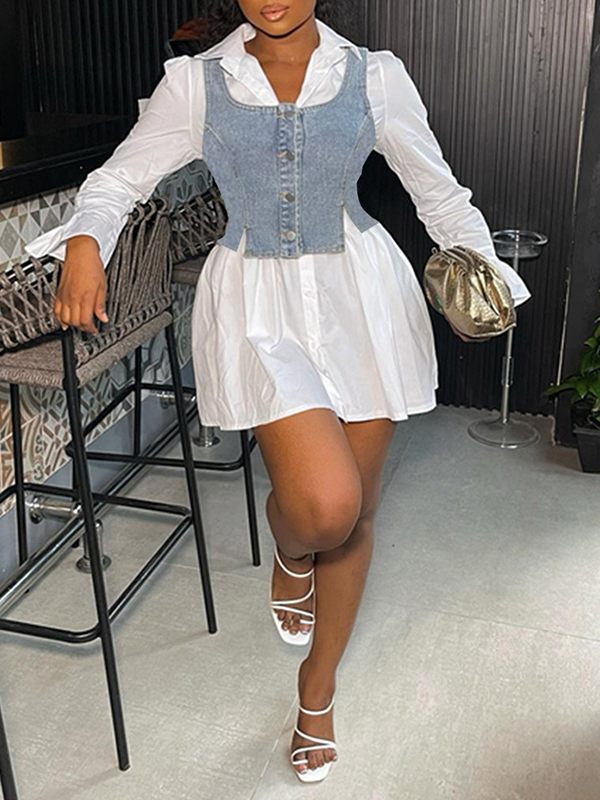 Motionkiller Bell-Sleeve Shirt Dress with Denim Vest