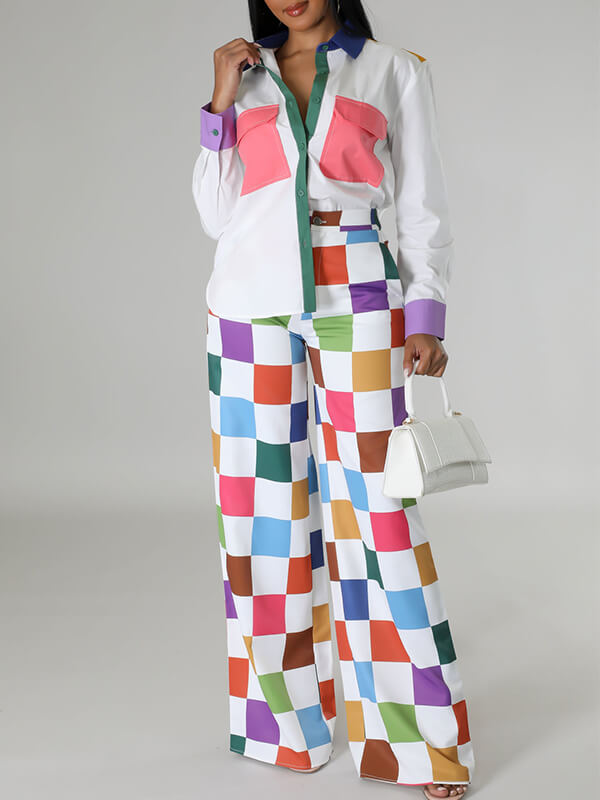 Colorblock Shirt & Wide-Leg Pants Set