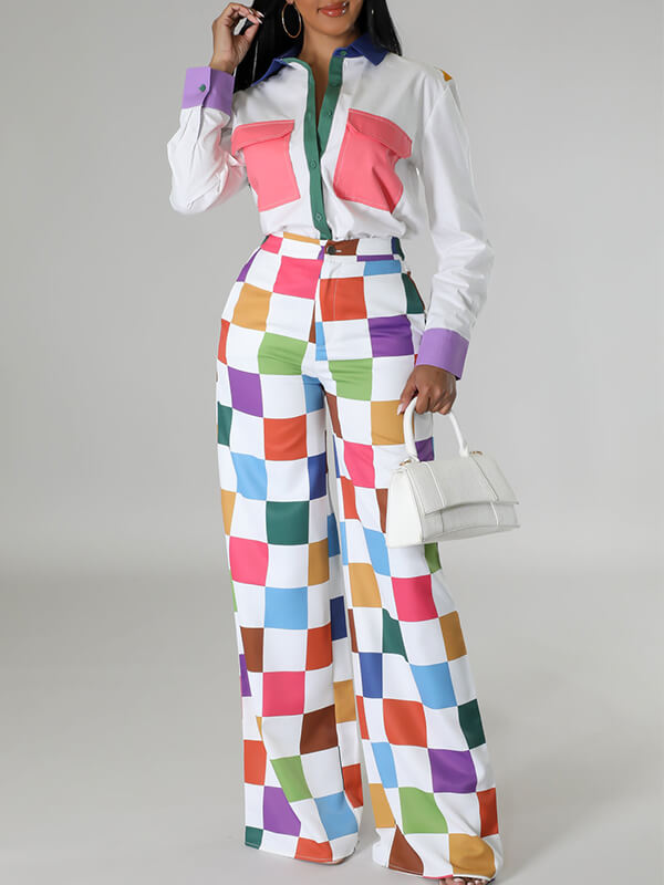 Colorblock Shirt & Wide-Leg Pants Set