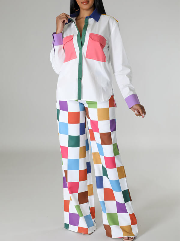 Colorblock Shirt & Wide-Leg Pants Set