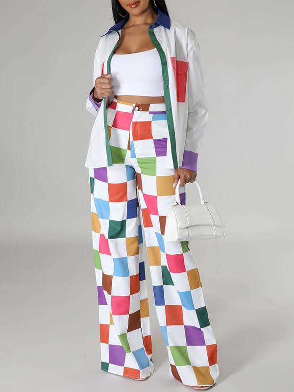 Colorblock Shirt & Wide-Leg Pants Set