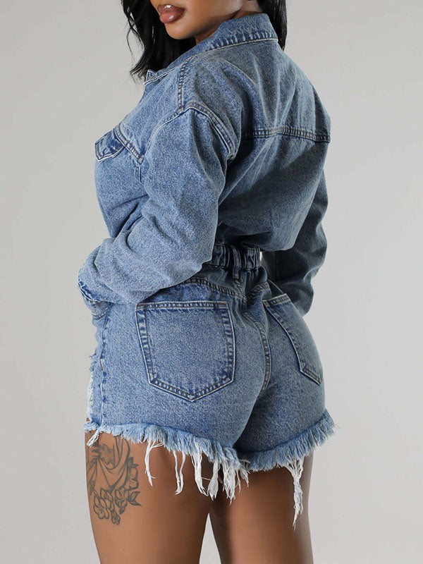 Motionkiller Distressed Snap-Front Denim Romper