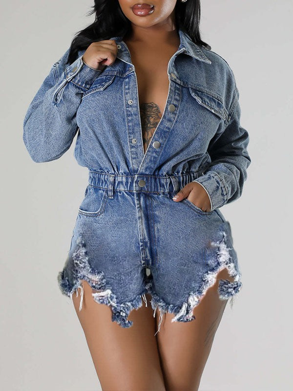 Motionkiller Distressed Snap-Front Denim Romper