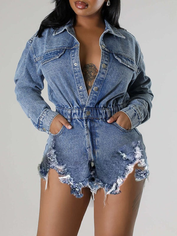 Motionkiller Distressed Snap-Front Denim Romper