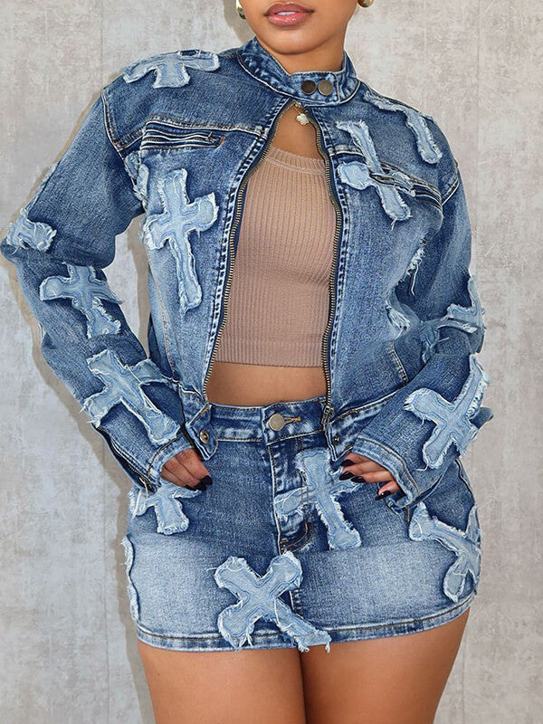 Motionkiller Cross Denim Jacket & Skirt Set