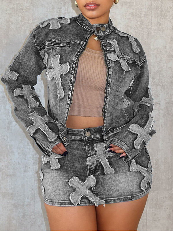 Motionkiller Cross Denim Jacket & Skirt Set