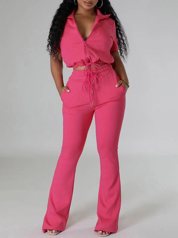 Solid Zip Top & Drawstring Pants Set--Clearance