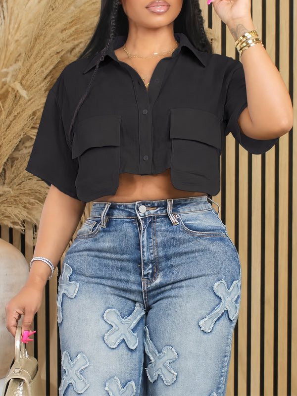 Solid Cropped Cargo Shirt