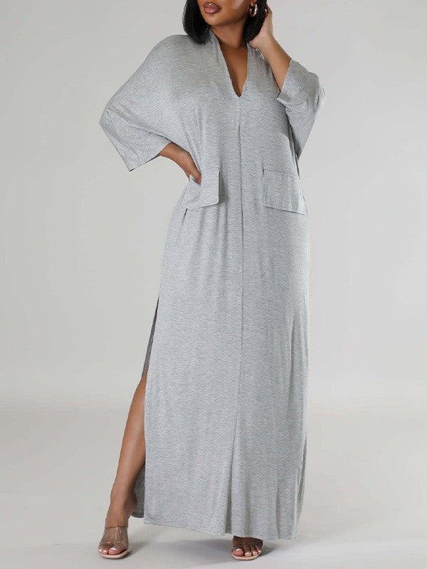 Solid V-Neck Side-Slit Dress --Clearance