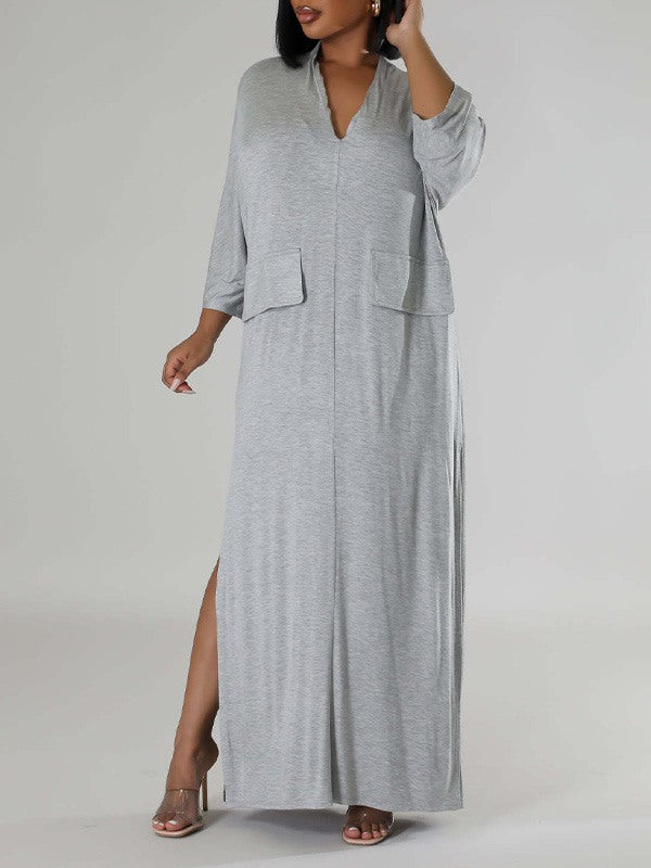 Solid V-Neck Side-Slit Dress --Clearance