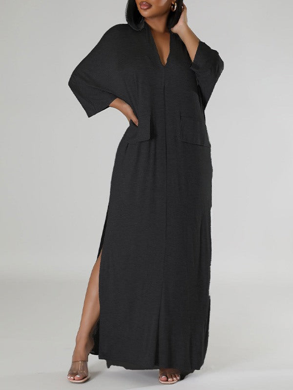 Motionkiller Solid V-Neck Side-Slit Dress