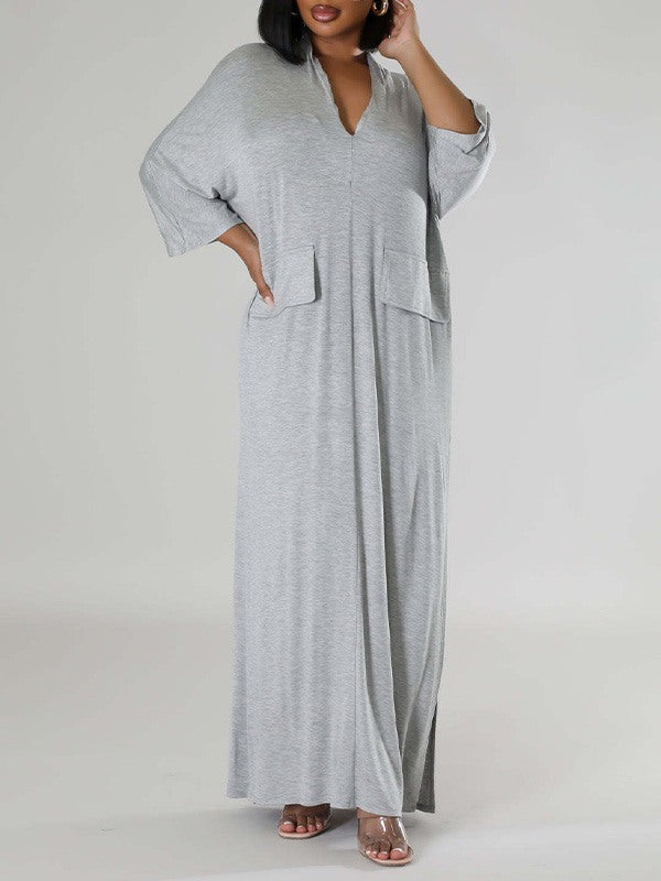 Solid V-Neck Side-Slit Dress --Clearance