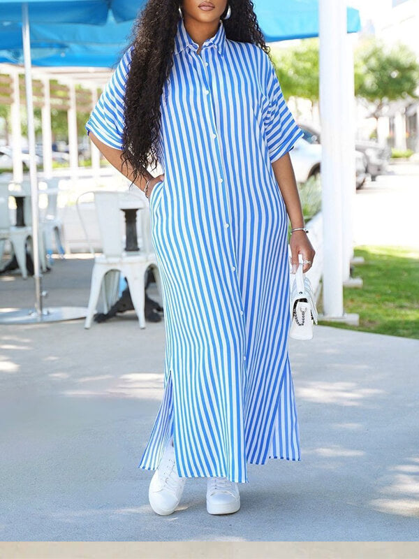 Stripe Side-Slit Shirt Dress--Clearance