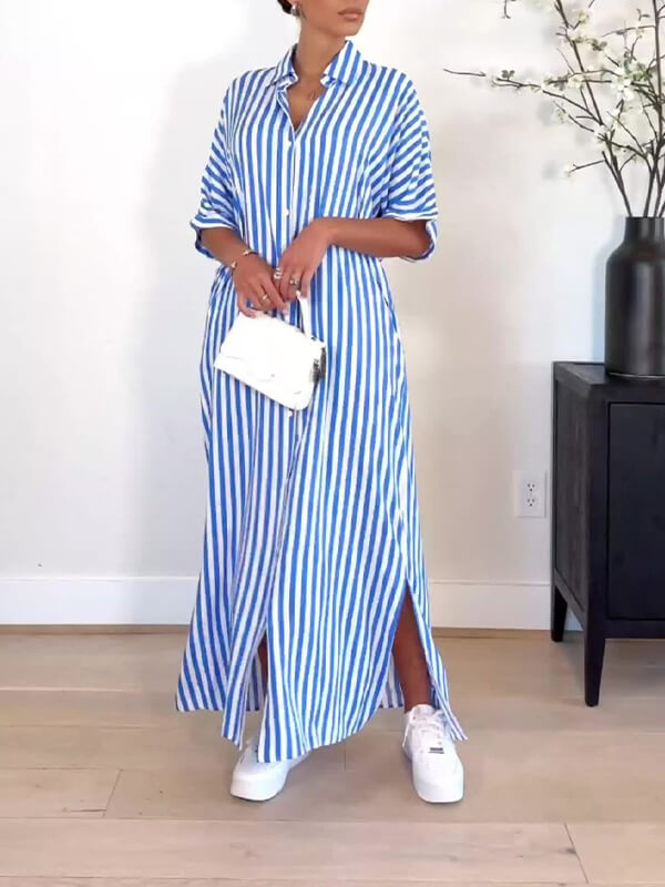 Stripe Side-Slit Shirt Dress--Clearance