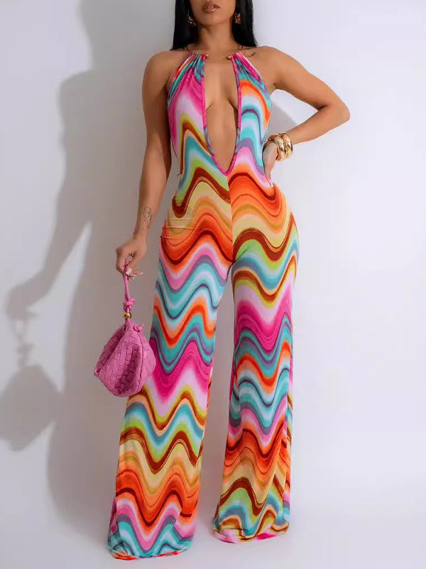 Motionkiller Printed Plunge Halter Jumpsuit