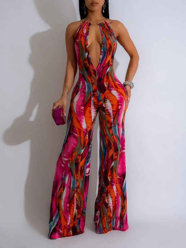 Motionkiller Printed Plunge Halter Jumpsuit